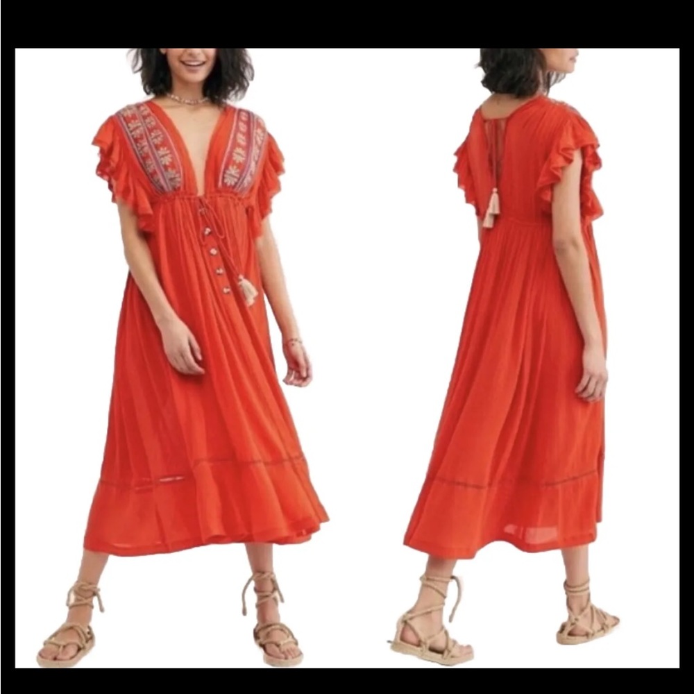 Free People Beachcomber Bali Will Wait For You Roaring Red Midi Dress Size M